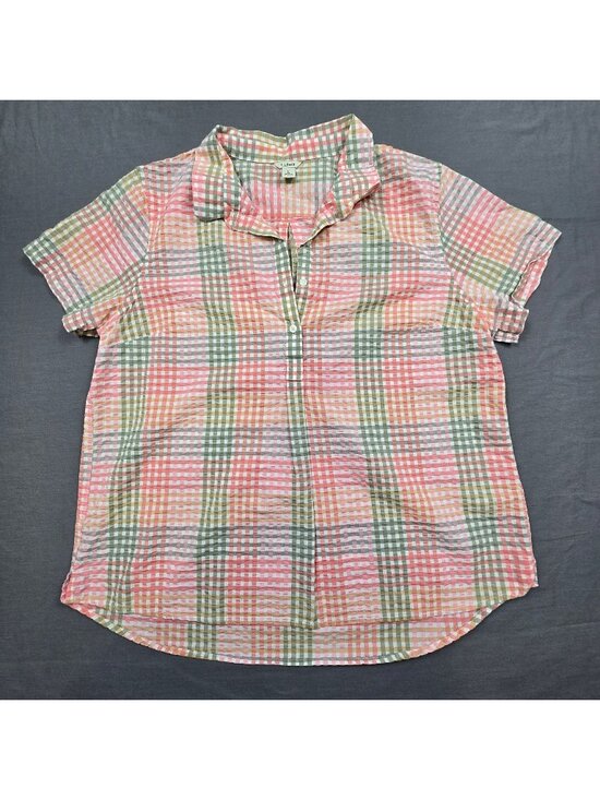 L.L. Bean Tops - LL Bean Large Womens Short Sleeve Button-Front Plaid Shirt Pink/Green 100 Cotton